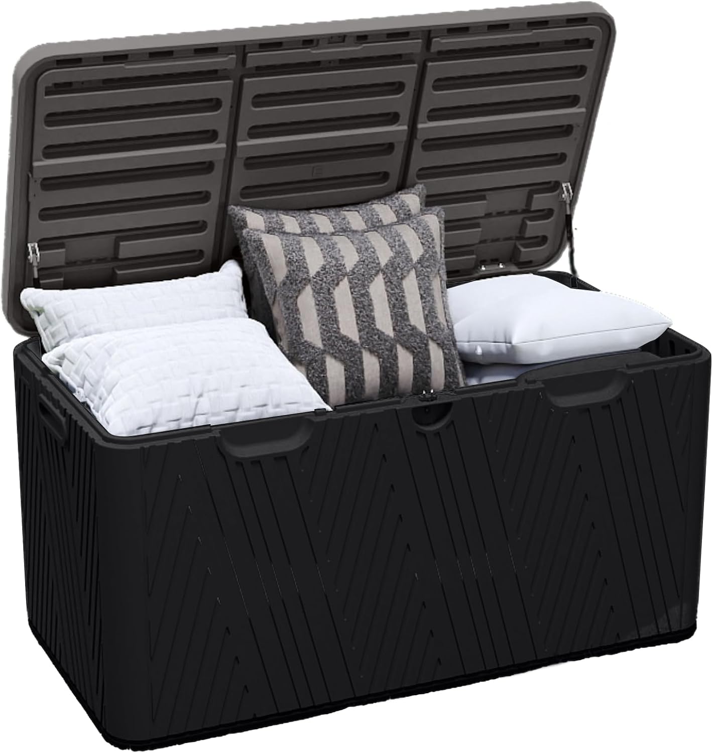 120 Gallon Outdoor Storage Box, Square Resin Deck Box with Hydraulic Lid, Waterproof Plastic Patio Storage for Cushions, Pool Supplies, Garden Tools, Black