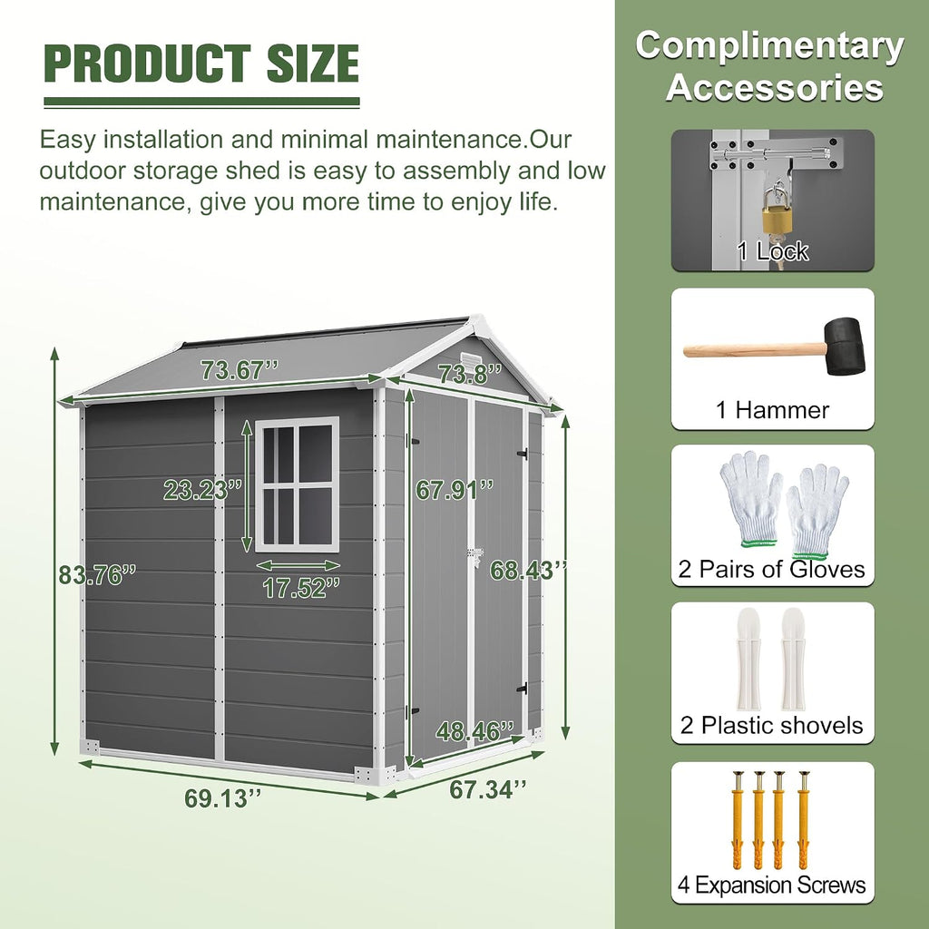 6x6 Resin Outdoor Storage Shed Kit Plastic Sheds Perfect to Store Patio Furniture, Garden Tools Bike Accessories, Beach Chairs and Lawn Mower, Grey & White