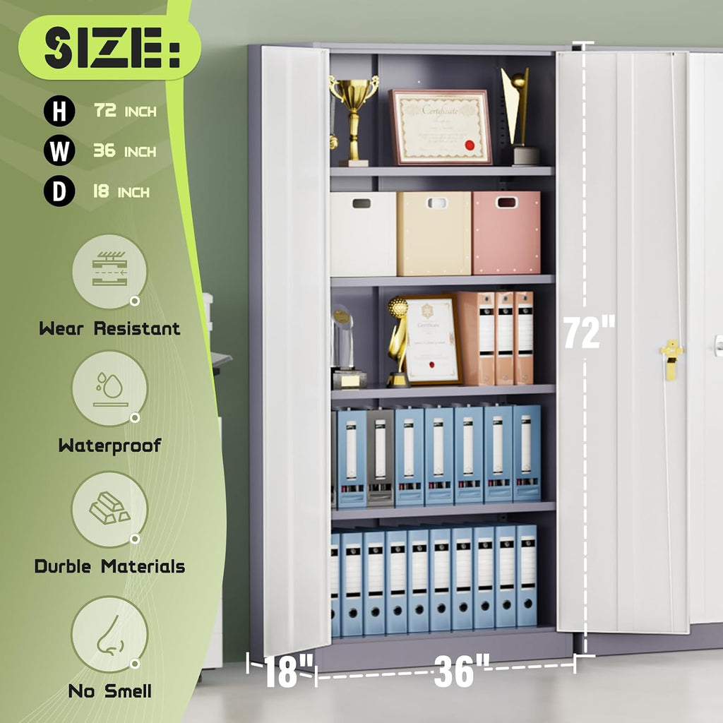 Incbruce 72' H x18 D Patio Metal Storage Cabinet, Outdoor Storage Cabinet with Doors and Adjustable Shelves, Tool Shed for Home, Patio, Office (Grey White)