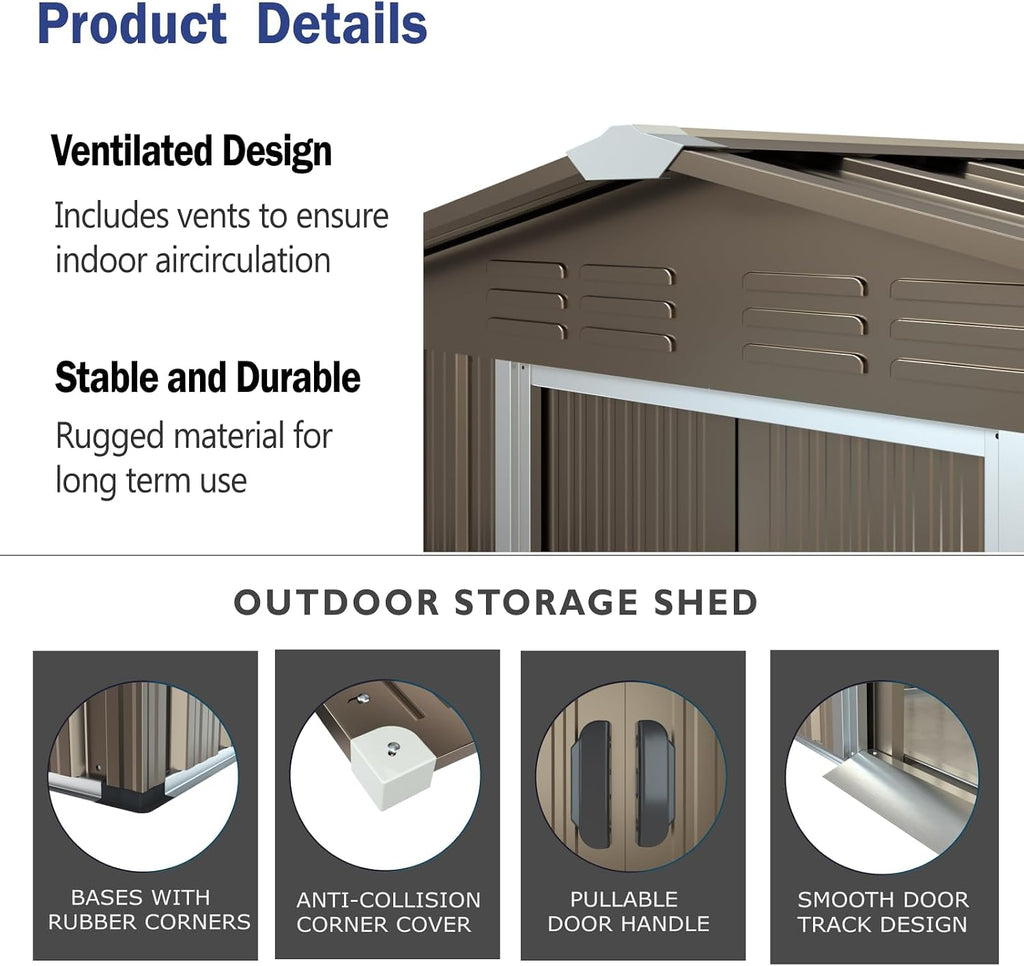 ALAULM 8'x6' Outdoor Storage Shed with Floor Outdoor Galvanized Metal Tool Shed with Vents & Sliding Door, Waterproof Garden Shed for Patio,Lawn,Backyard to Store Bikes,Tools-Brown