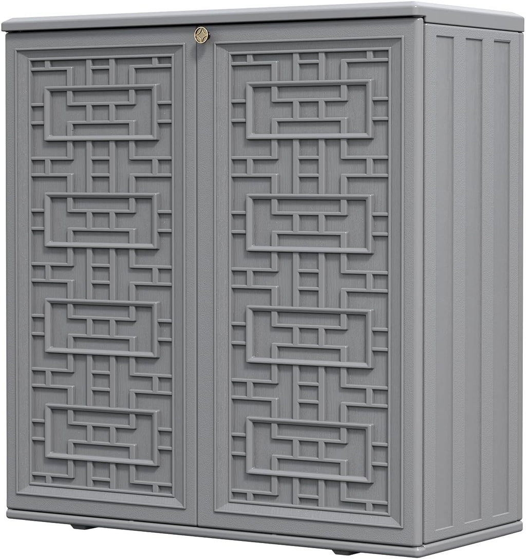 HOMSPARK Indoor/Outdoor Storage Cabinet with Doors and Shelf, 34'x15'x36' HDPE Plastic Storage Box Waterproof for Patio, Garden, Balcony, Multi-Purpose for Daily Tools, Grey
