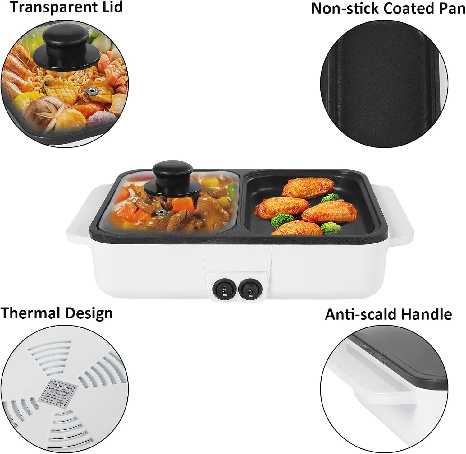 2 in 1 Electric Hot Pot & Grill, 1200W Multifunction Smokeless Korean BBQ, Nonstick Frying Pan & Hot Pot, Perfect for Indoor/Outdoor Parties, 110V, White