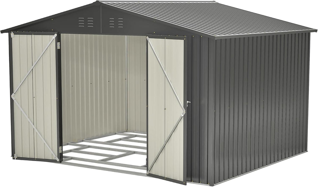 8x10 FT Outdoor Storage Shed, Metal Garden Shed with Frame Floor, Outside Tool Shed with Lockable Hinged Doors, Waterproof Storage Building with Sloped Roof for Backyard, Patio, Lawn, Black