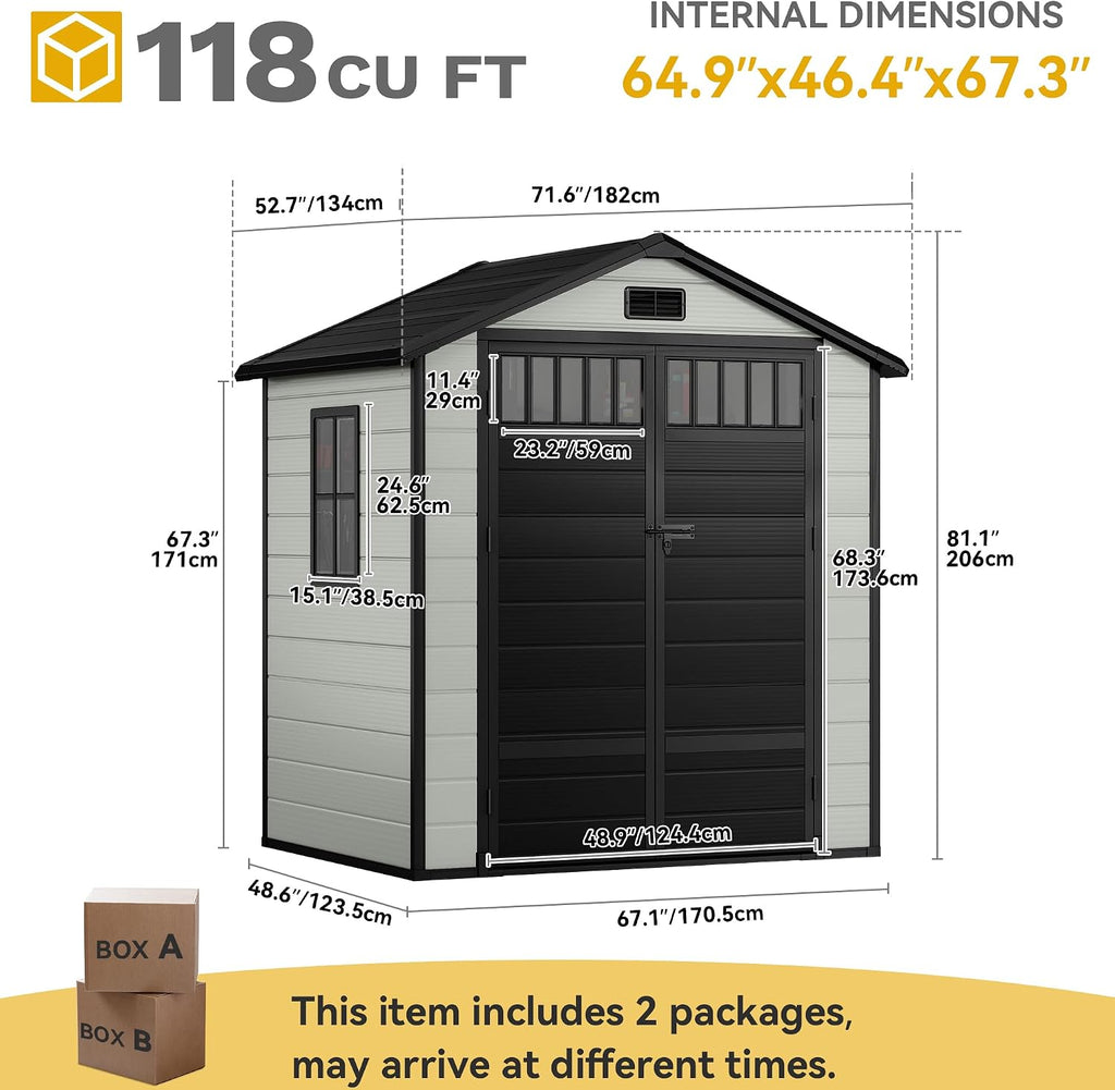DWVO 6x4.4 FT Resin Storage Shed with Fence-Style and Side Windows, Lockable Door, and Vents for Garden, Backyard, Patio, Lawn, Blue-Gray