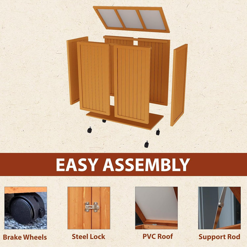 30 cu ft Outdoor Storage Shed, Wooden Trash Can Cabinet with Removable Wheels & Lockable Door for Patio, Garden, Garage