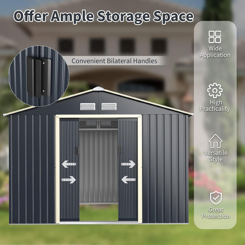 Goplus Outdoor Storage Shed, 9' X 8' Metal Garden Shed with 4 Vents & Double Sliding Door, Utility Tool Shed Storage House for Backyard, Patio, Lawn