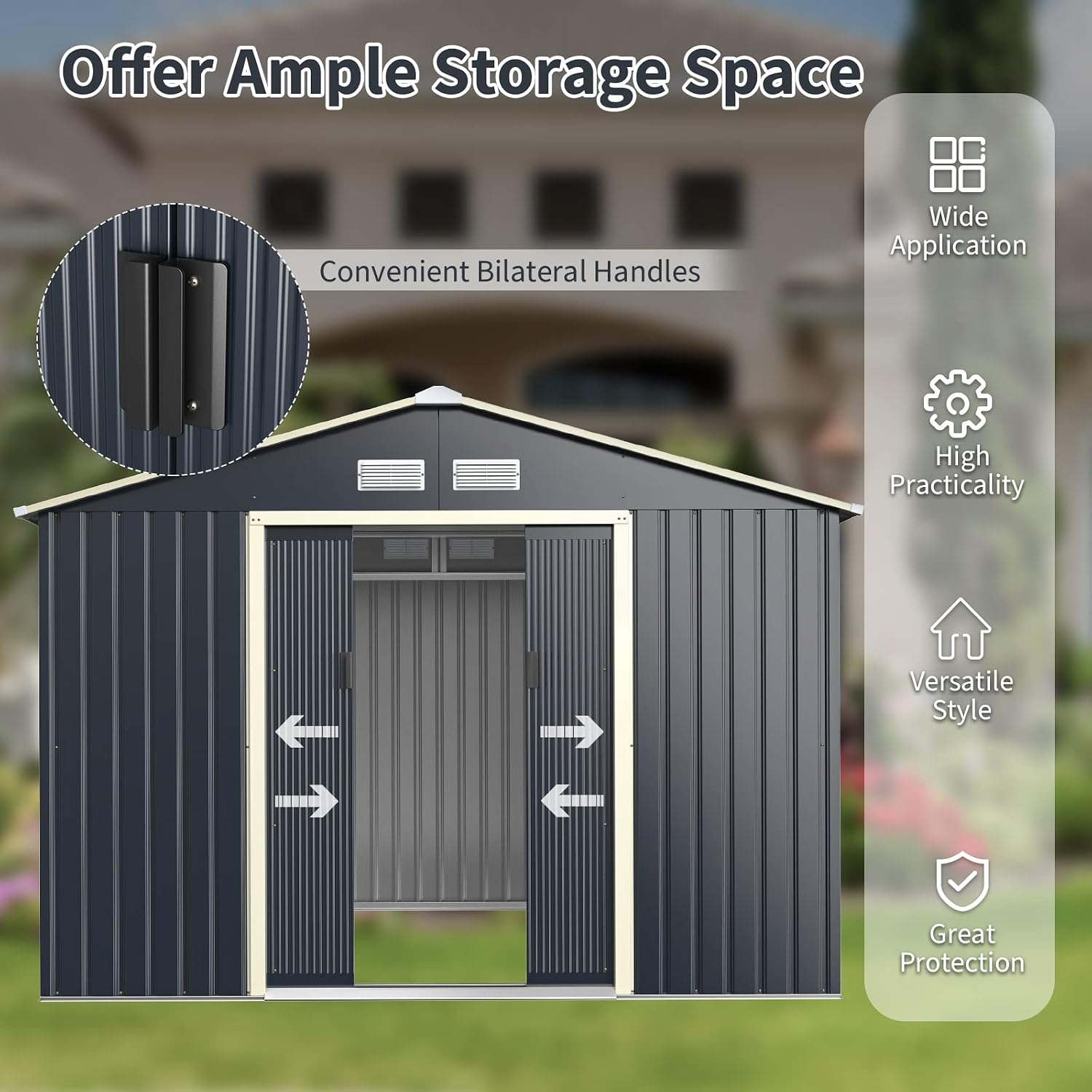 Goplus Outdoor Storage Shed, 9' X 8' Metal Garden Shed with 4 Vents & Double Sliding Door, Utility Tool Shed Storage House for Backyard, Patio, Lawn