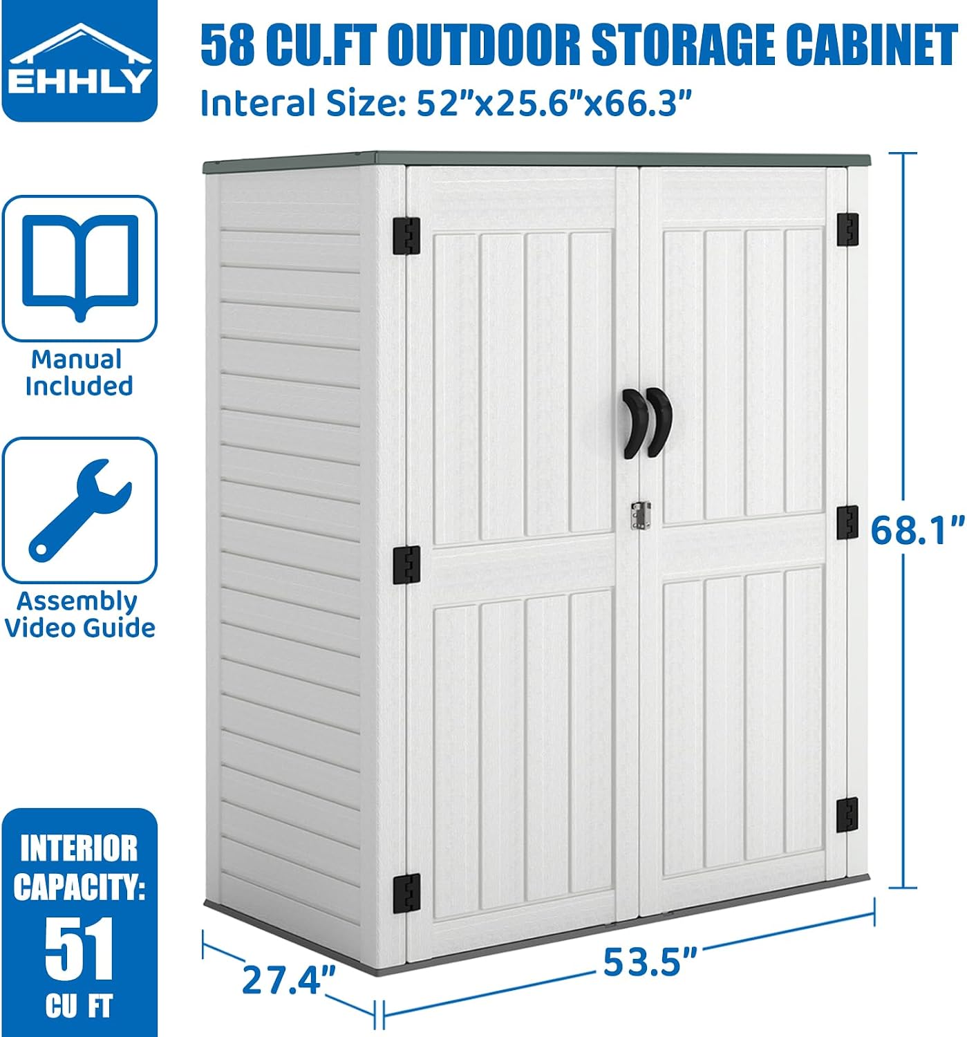EHHLY Vertical Resin Storage Shed, 60 Cuft Garden Tool Sheds & Outdoor Storage, Plastic Outdoor Storage Cabinet Waterproof, 4.5 x 2.3 ft Backyard Outside Lawn Mower Storage Shed, Light Grey