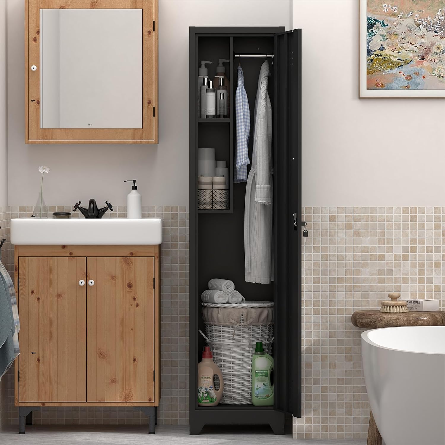 IRONFFICE Metal Utility Closet with Hanging Rod,Narrow Broom Closet with Door,Slim Laundry Storage Cabinet for Bathroo,Gym,Living Room,Black