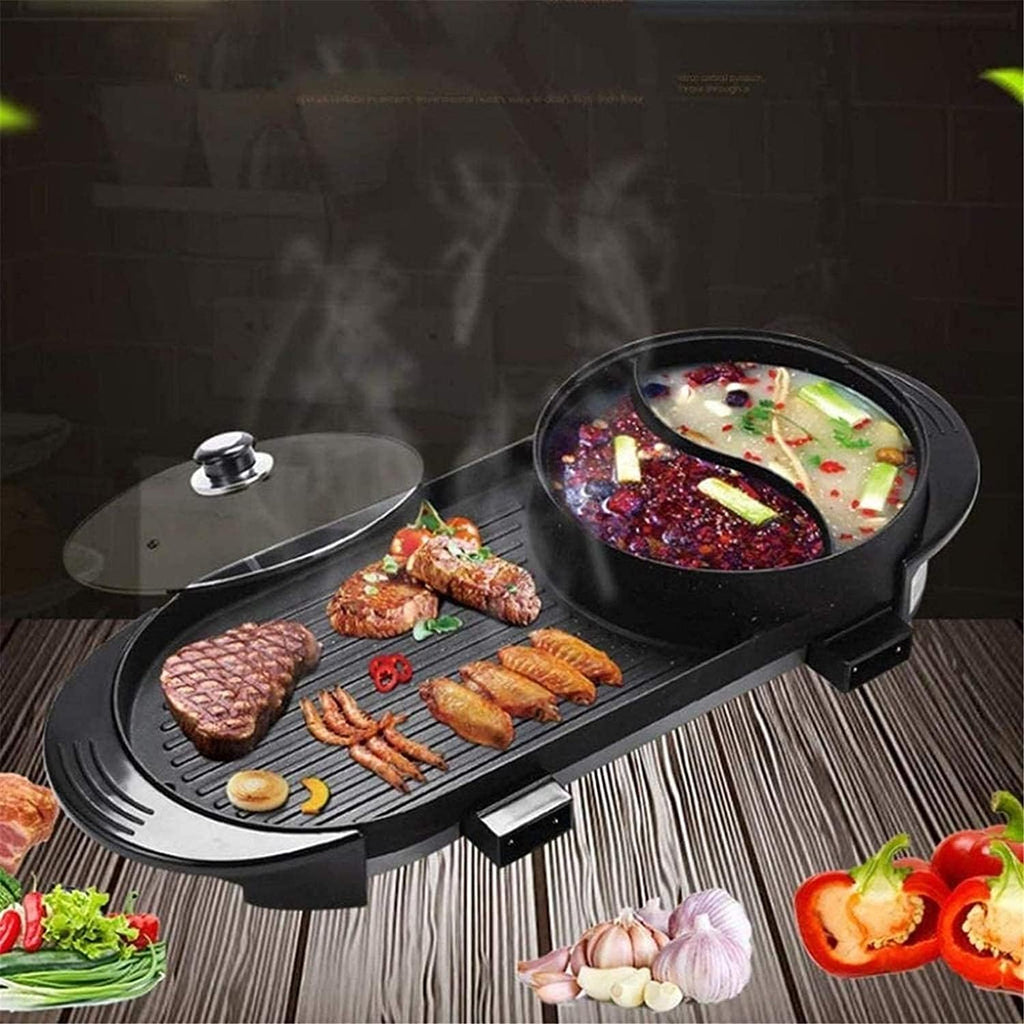 Electric BBQ Grill Indoor Cookware BBQ Electric Grill Pan with Hot Pot 2 in 1 Indoor/Outdoor 1700 Watts Electric Oven/Teppanyaki Electric Grill/Hot Pot BBQ Griddle Camping,Portable Nonstick G