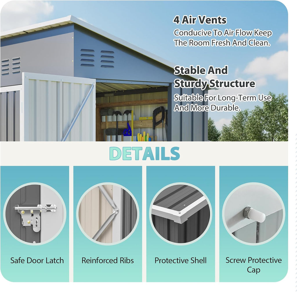 4' x 8' Metal Shed with Two Doors,Outdoor Lean to Storage Shed, Garden Tool Storage Cabinet for Backayrd, Patio and Outdoor Use,Grey