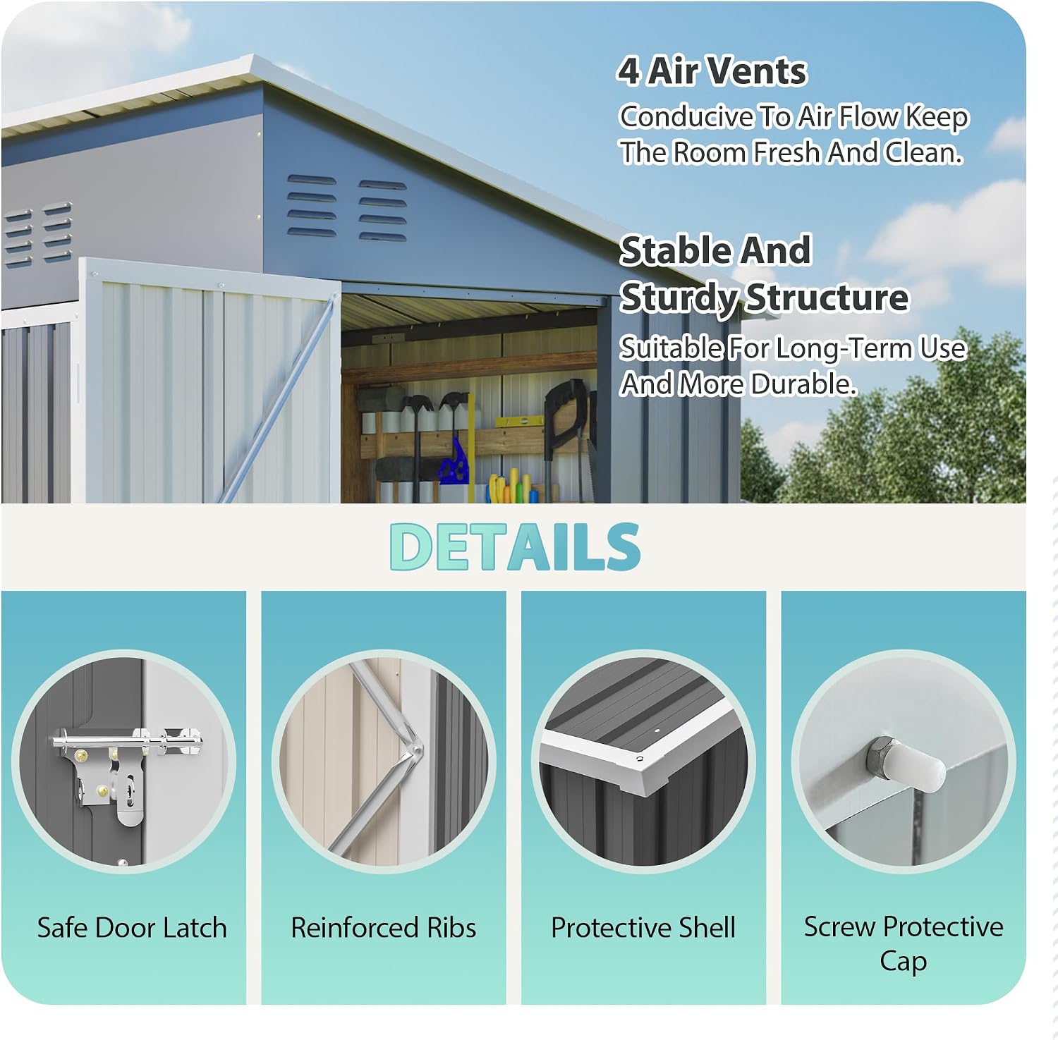 4' x 8' Metal Shed with Two Doors,Outdoor Lean to Storage Shed, Garden Tool Storage Cabinet for Backayrd, Patio and Outdoor Use,Grey