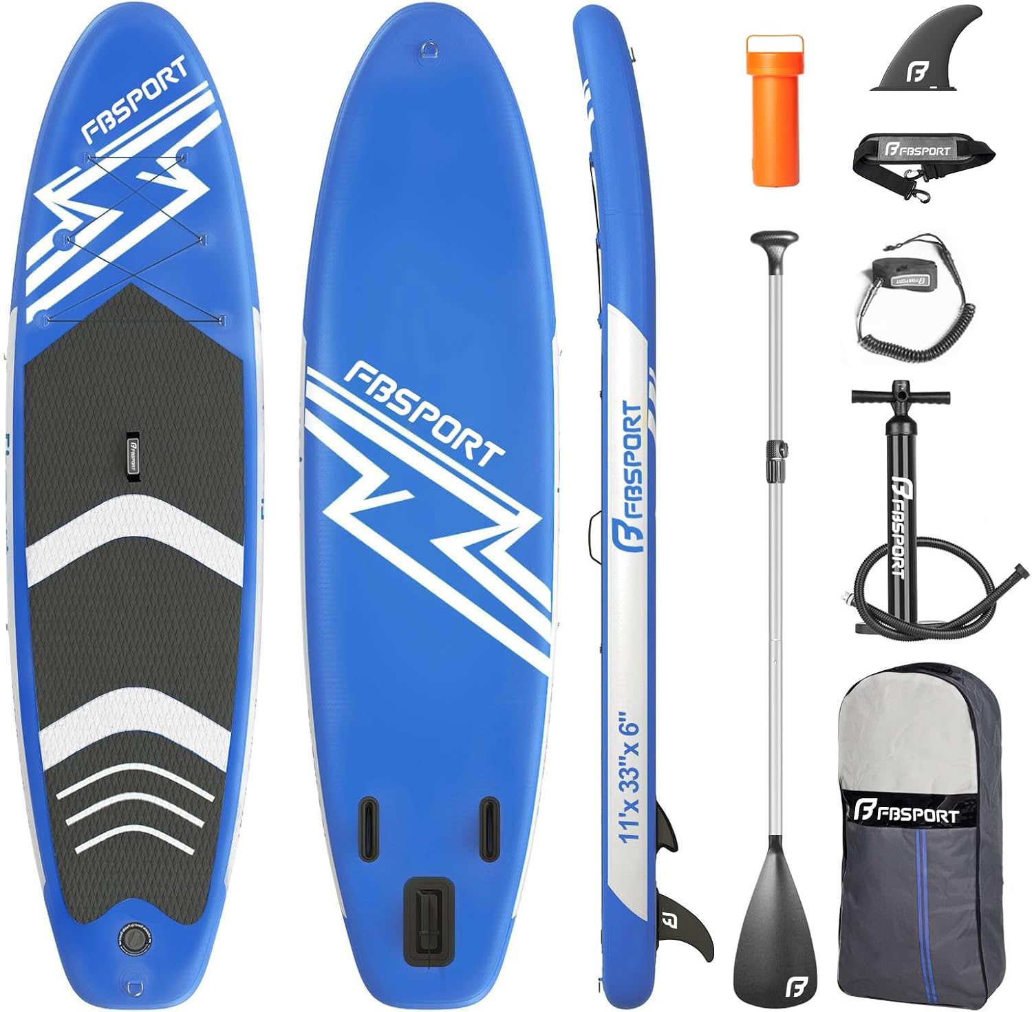 FBSPORT 11' Premium Stand Up Paddle Board, Yoga Board with SUP Accessories & Carry Bag | Wide Stance, Surf Control, Non-Slip Deck, Leash, Paddle and Pump for Youth & Adult