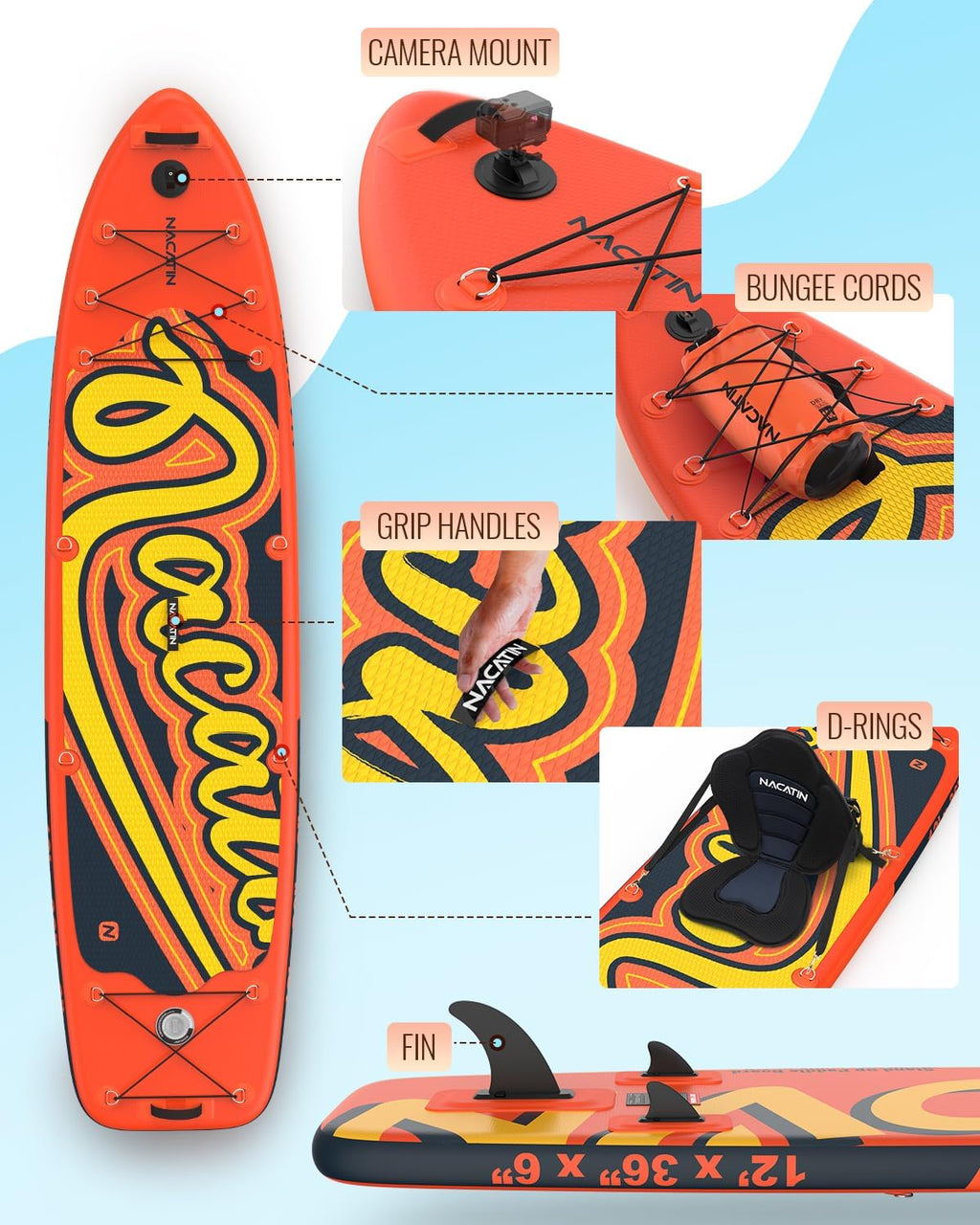 NACATIN 12'/366cm Extra Large Inflatable Stand Up Paddle Board with Seat, Wide 36'/91cm SUP Board for Adults & Family, with Single/Double Paddle, Kayak Seat, Pump, Stable Wide Deck for Beginners