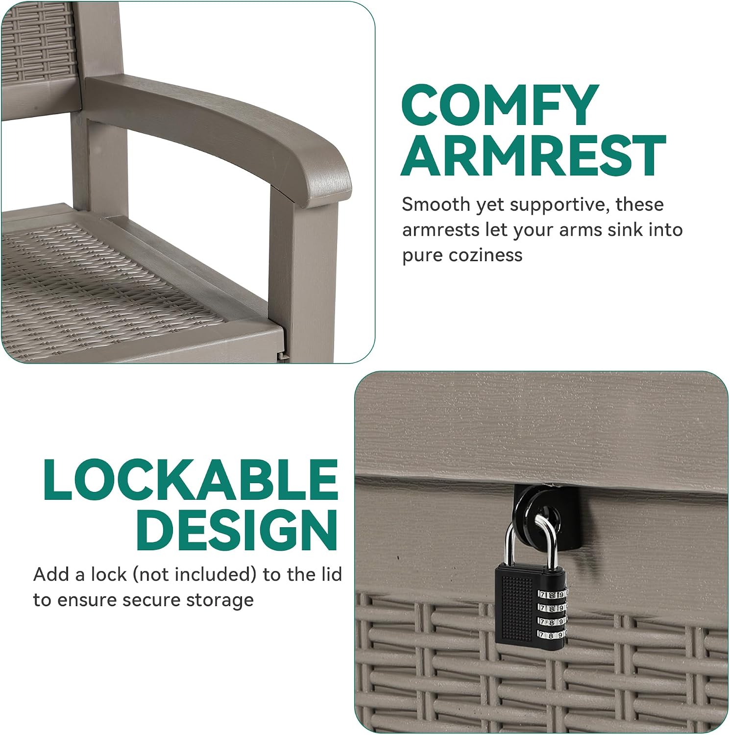 YITAHOME 70 Gallon Deck Bench with Storage, Outdoor Storage Box Bench with Armrests for Patio Garden Pool Porch, Waterproof&Lockable, Light Brown