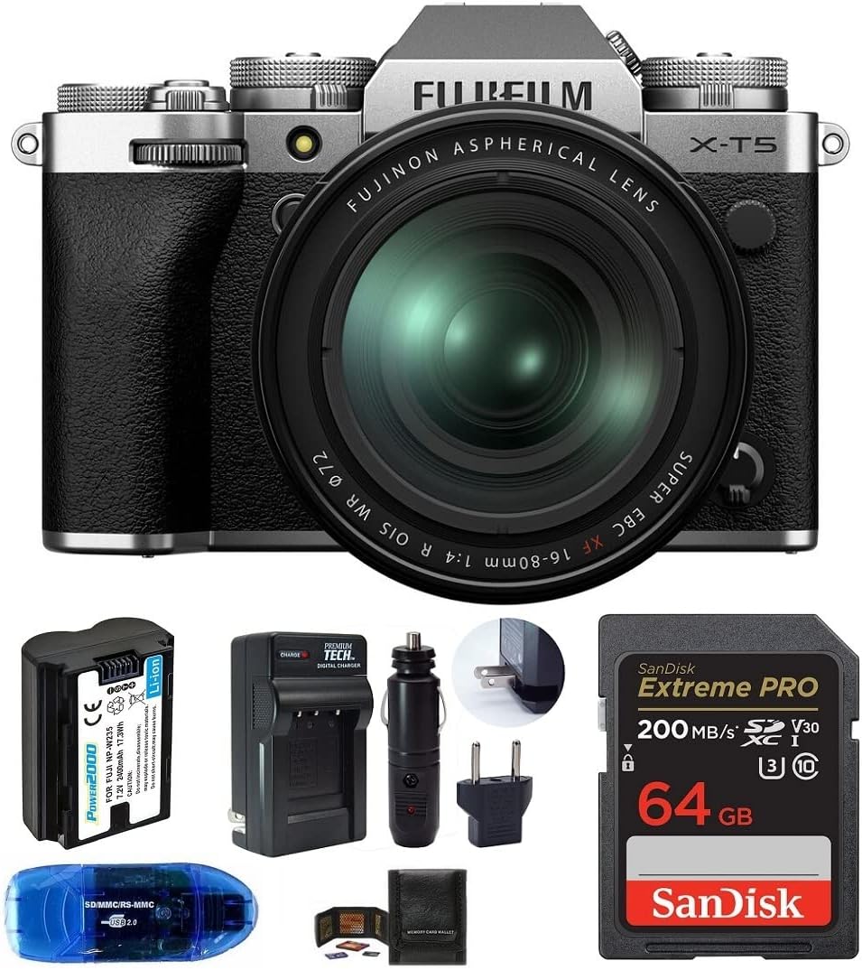 Fujifilm X-T5 Mirrorless Digital Camera with XF 16-80mm f/4 R OIS WR Lens Bundle, Includes: SanDisk 64GB Extreme PRO SDXC Memory Card, Spare Battery + More (6 Items) (Silver)