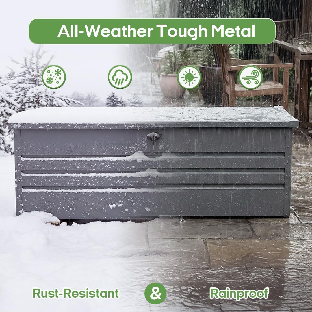 260 Gallon Waterproof Outdoor Storage Box, Extra Large Outside Metal Deck Storage Box for Patio Cushions, Garden Tools, Pool Supplies, Light Gray