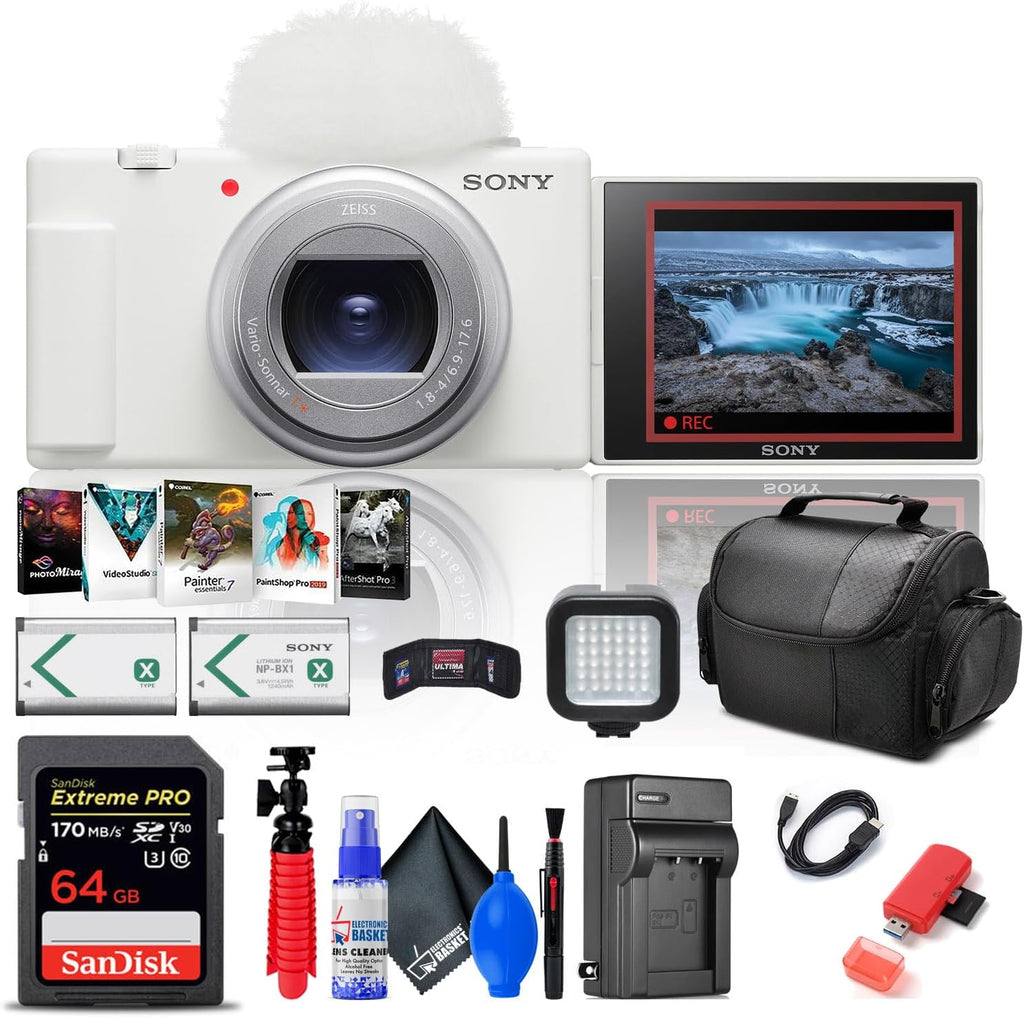 Sony ZV-1 II Vlog Camera for Content Creators and Vloggers (White) (ZV-1M2/W) + 64GB Card + Corel Photo Software + NP-BX1 Battery + Card Reader + LED Light + Soft Bag + Flex Tripod + More (Renewed)