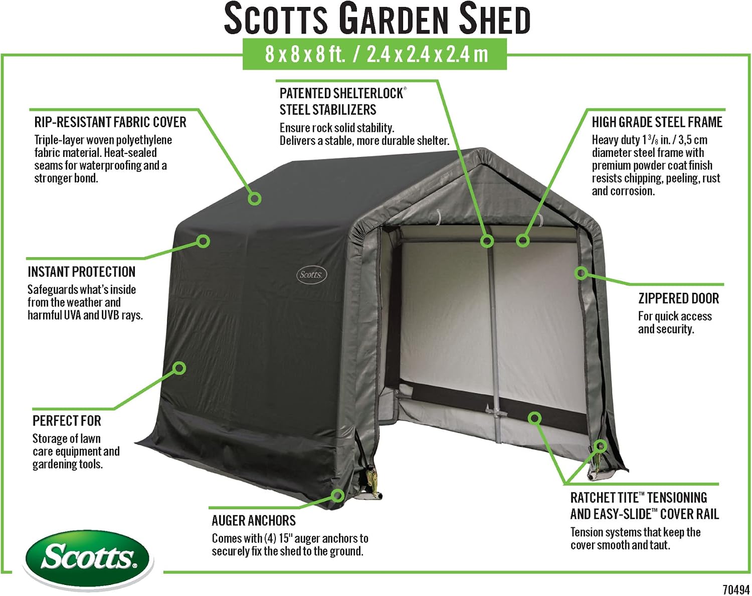 Scotts 8' x 8' x 8' All Season Outdoor Storage Shed with Waterproof Cover, Green