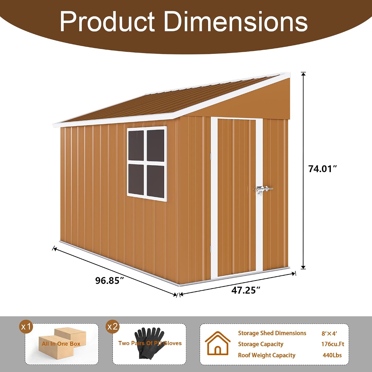 8x4 FT Heavy-Duty Metal Tool Shed with Windows, Lockable Door & Ventilation, Weatherproof Outdoor Garden Storage Shed for Backyard, Lawn, and Tool Organization, Brown