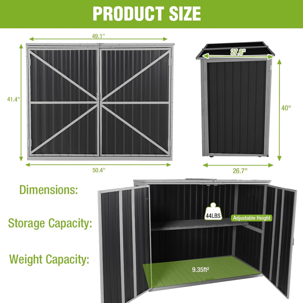 Outdoor Storage Shed with Metal and Wood Frame, Resin Garden Sheds with Removable Shelves and Floor, Weatherproof Plastic Roof Outdoor Trash Can Shed, Horizontal Storage Cabinet for Patio(Black)