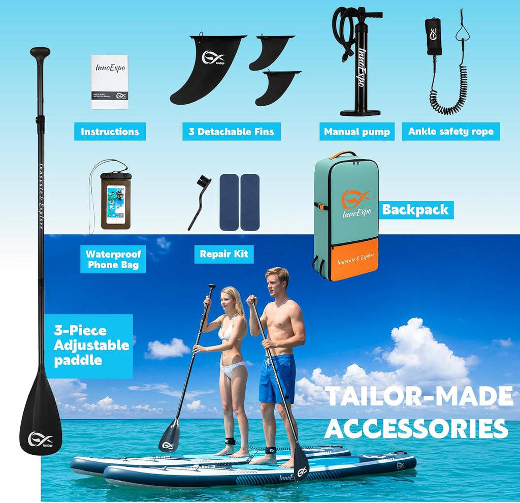 InnoExpo Inflatable Stand Up Paddle Boards with Premium Accessories, Wide Stable SUP Paddle Board Design, Non-Slip Comfort Deck for Youth & Adults