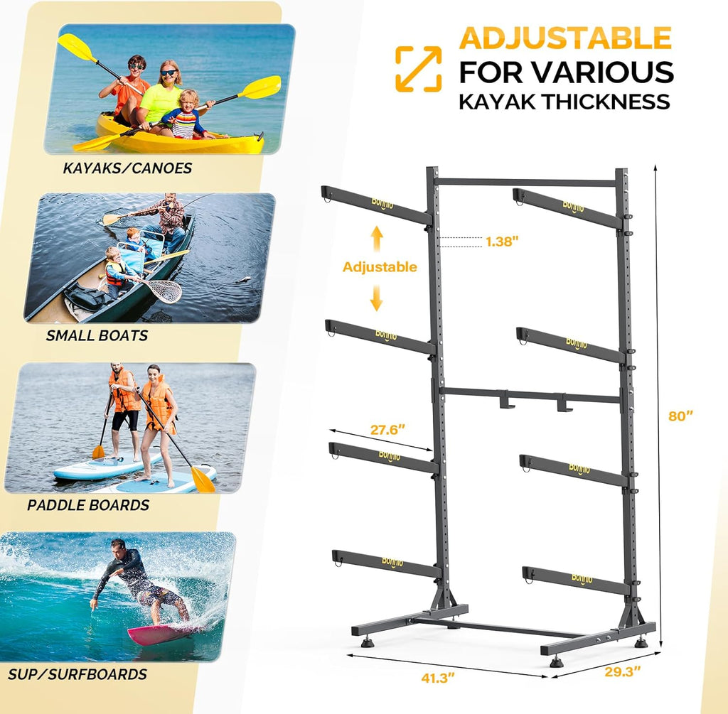 Bonnlo Kayak Storage Rack, Adjustable Heavy Duty Kayak Rack for Kayaks Paddle Boards, Kayak Paddle Holder for Garage, Spacesaver, Gentle on Padding, Boat Organizer