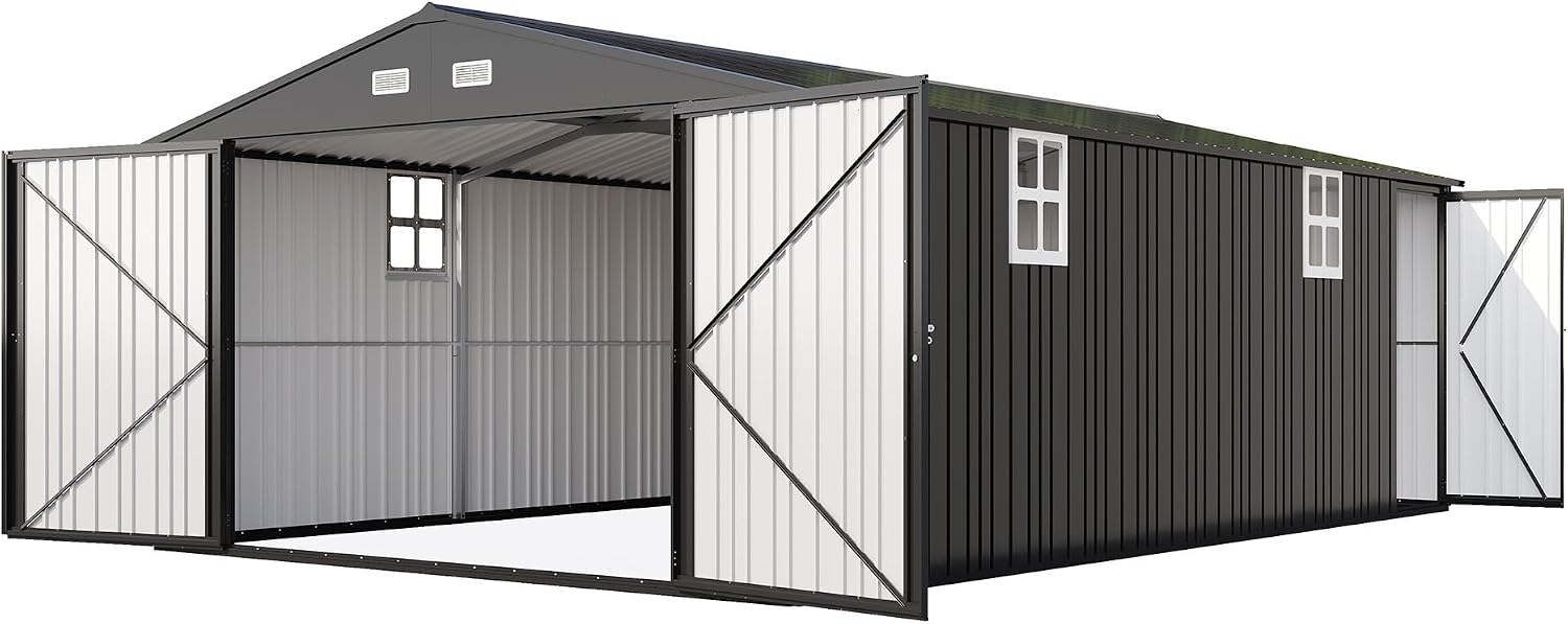 AMERLIFE 13x21x8.4 FT Heavy Duty Metal Garage Shed, Extra Large Outdoor Storage Shed with Double Hinged Doors & 4 Windows, Carport for Car, Boat, Truck and Equipment Storage, Dark Gray