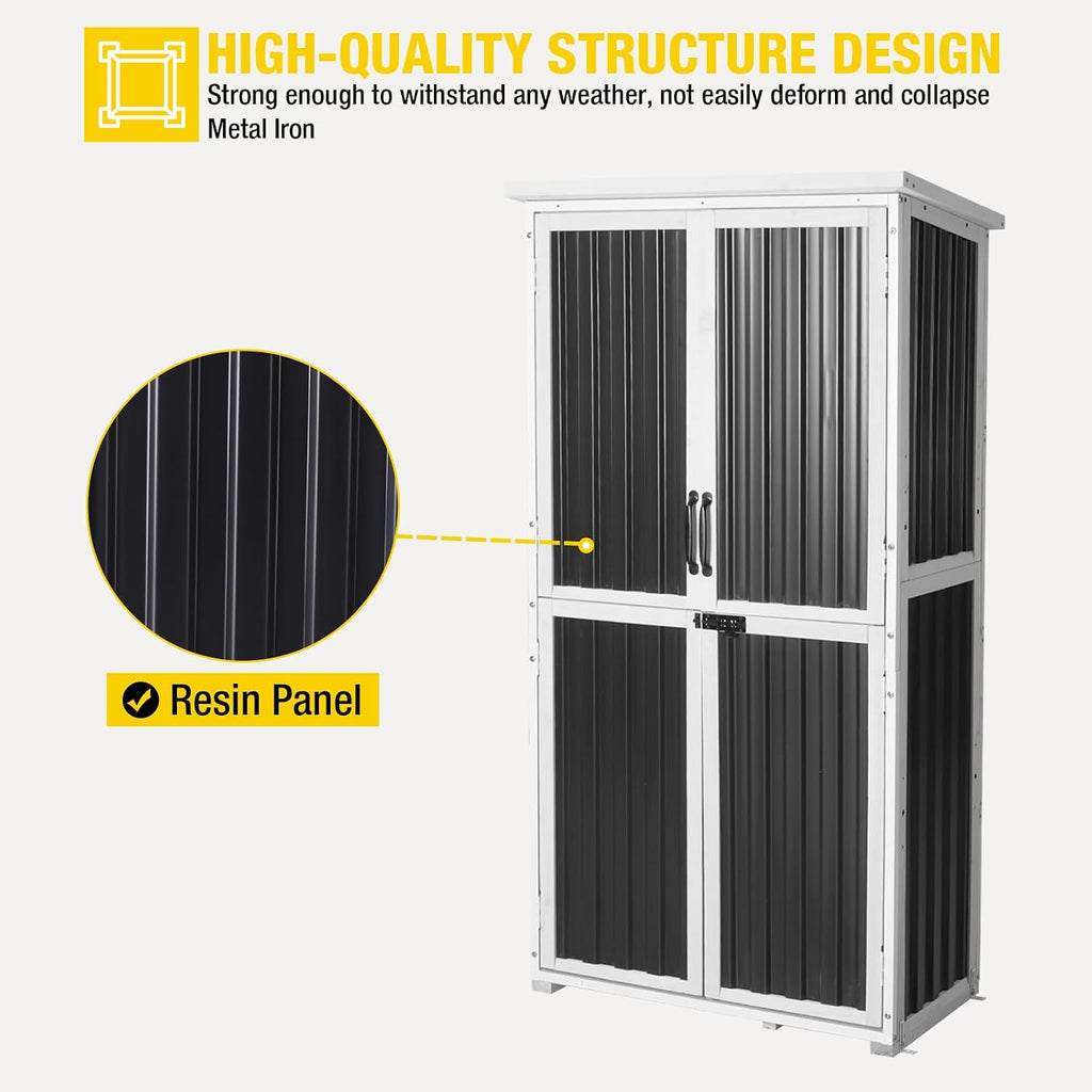 Aivituvin Outdoor Storage Shed with Wood and Metal Frame, Garden Sheds with Waterproof Plastic Roof, Adjustable Shelves and Ventilated Blinds, Garden Tool Cabinets for Outdoor (Black, Plastic)