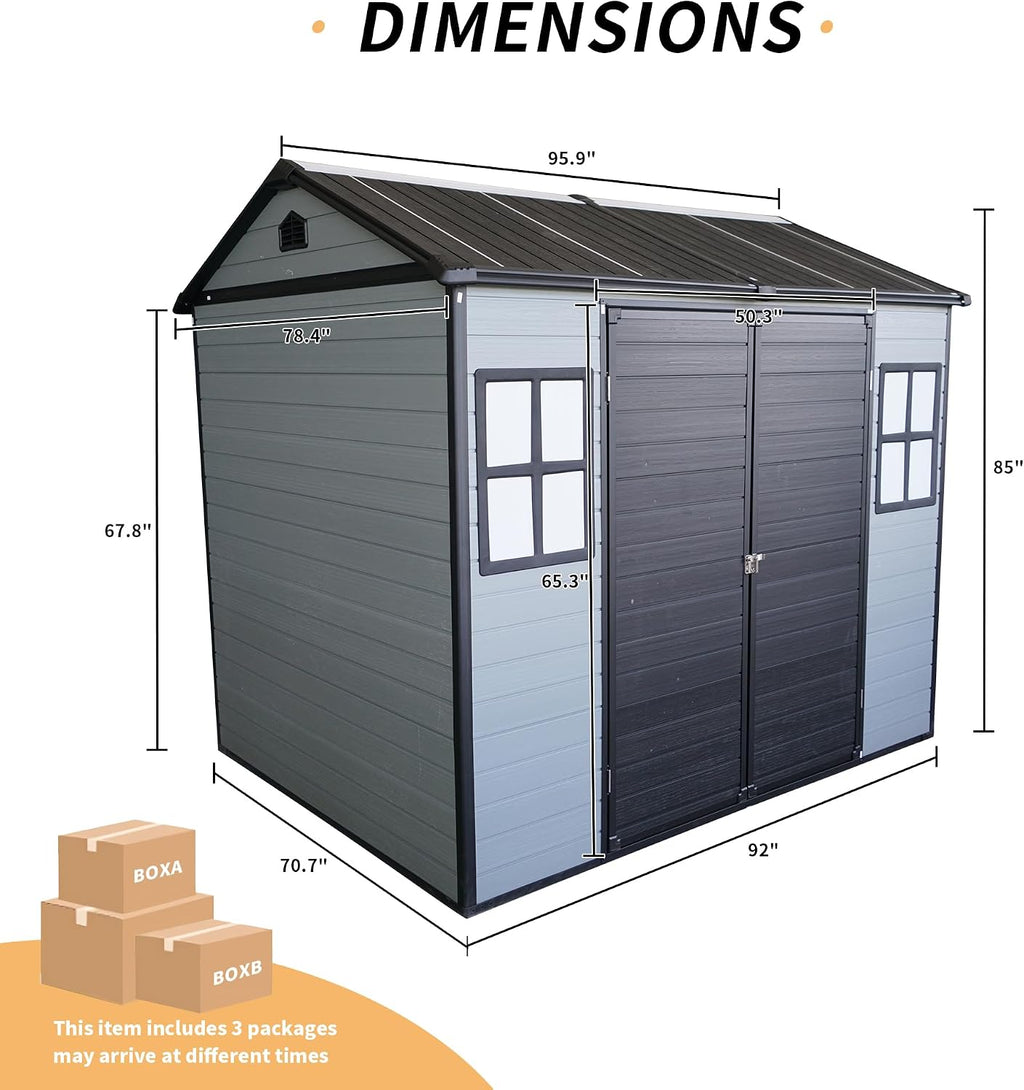 KEIKI 8x6 FT Outdoor Resin Garden Shed with Floor & 2 Windows, Waterproof Tool Storage Shed with Lockable Door for Garden Tools, Bicycles, Trash Cans, Grey+Black