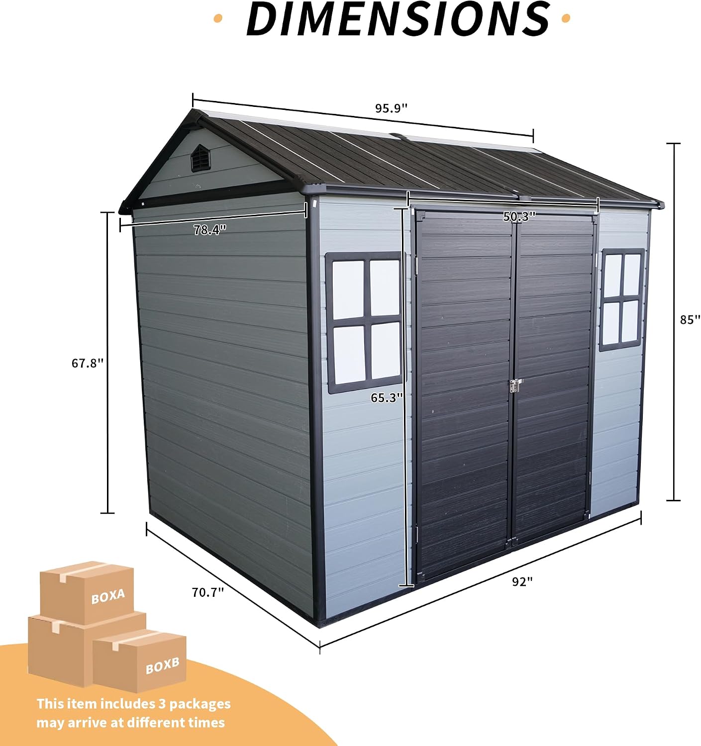 KEIKI 8x6 FT Outdoor Resin Garden Shed with Floor & 2 Windows, Waterproof Tool Storage Shed with Lockable Door for Garden Tools, Bicycles, Trash Cans, Grey+Black