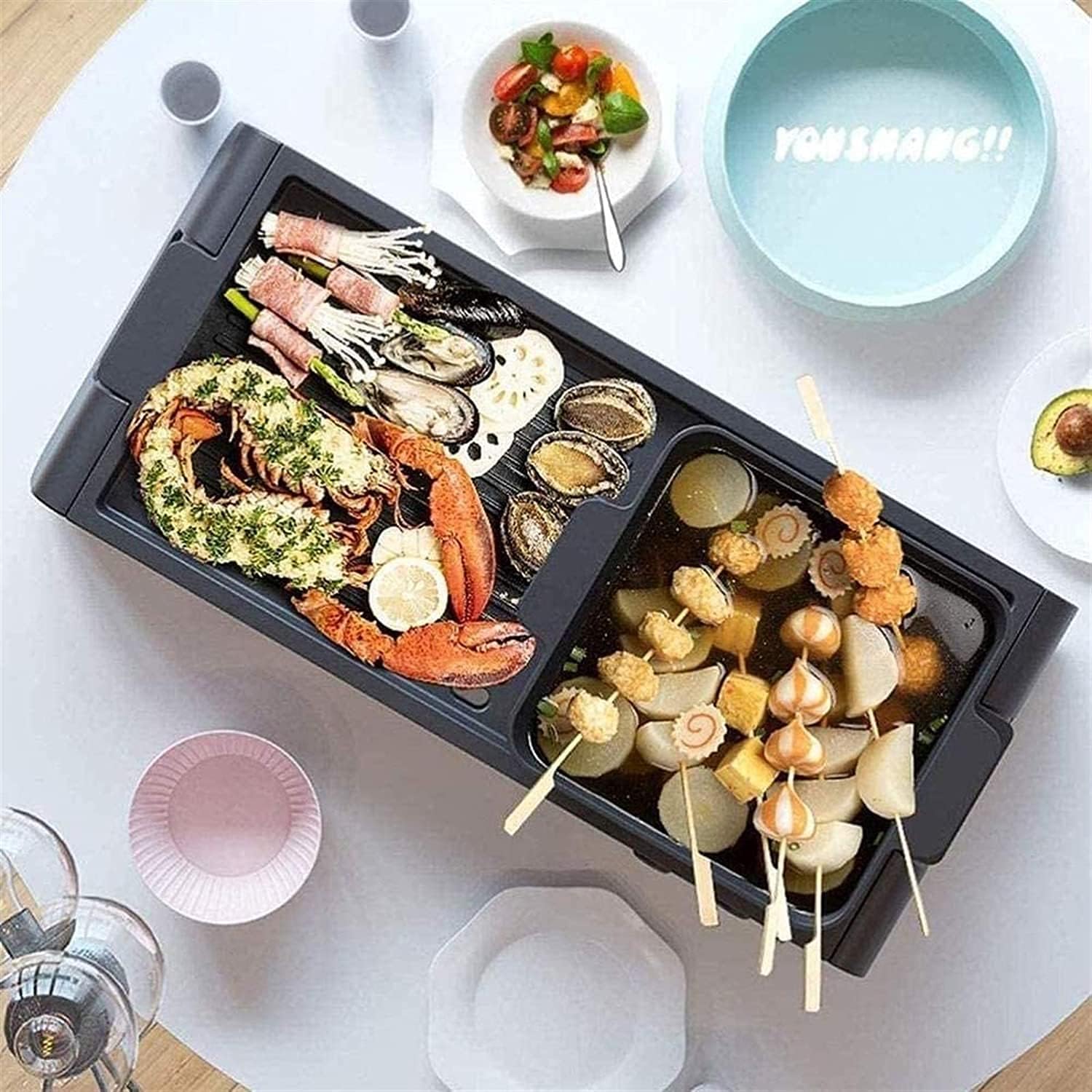 Electric Grill Indoor Portable Electric Grill, Indoor Grills, Electric Hot Pot Grill Electric Barbecue Grill Indoor 2 in 1 Large Capacity Indoor Multifunctional Non-Stick Pan Electric,Household Nonsti