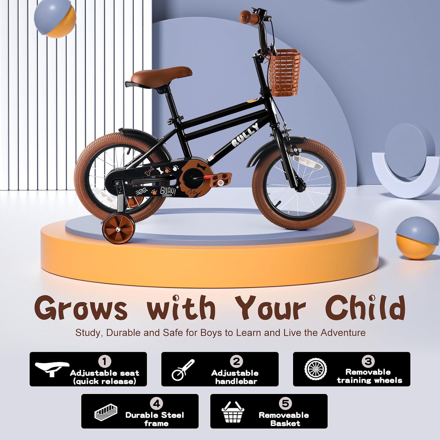 RULLY 12 14 16 Inch Boys' Bike for Kids Ages 2-6, Toddler Bicycle with Training Wheels, Coaster Brake & Handbrake, and Front Basket(Blue Black Green)