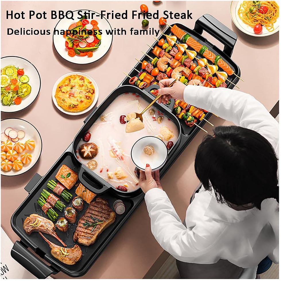 Electric Grill with Hot Pot 2and1 Indoor Korean BBQ Grill,2200W Multifunctional Smokeless BBQ Hot Pot Double Pot, Non-Stick Pan, for 5-10 People (Double Pot)