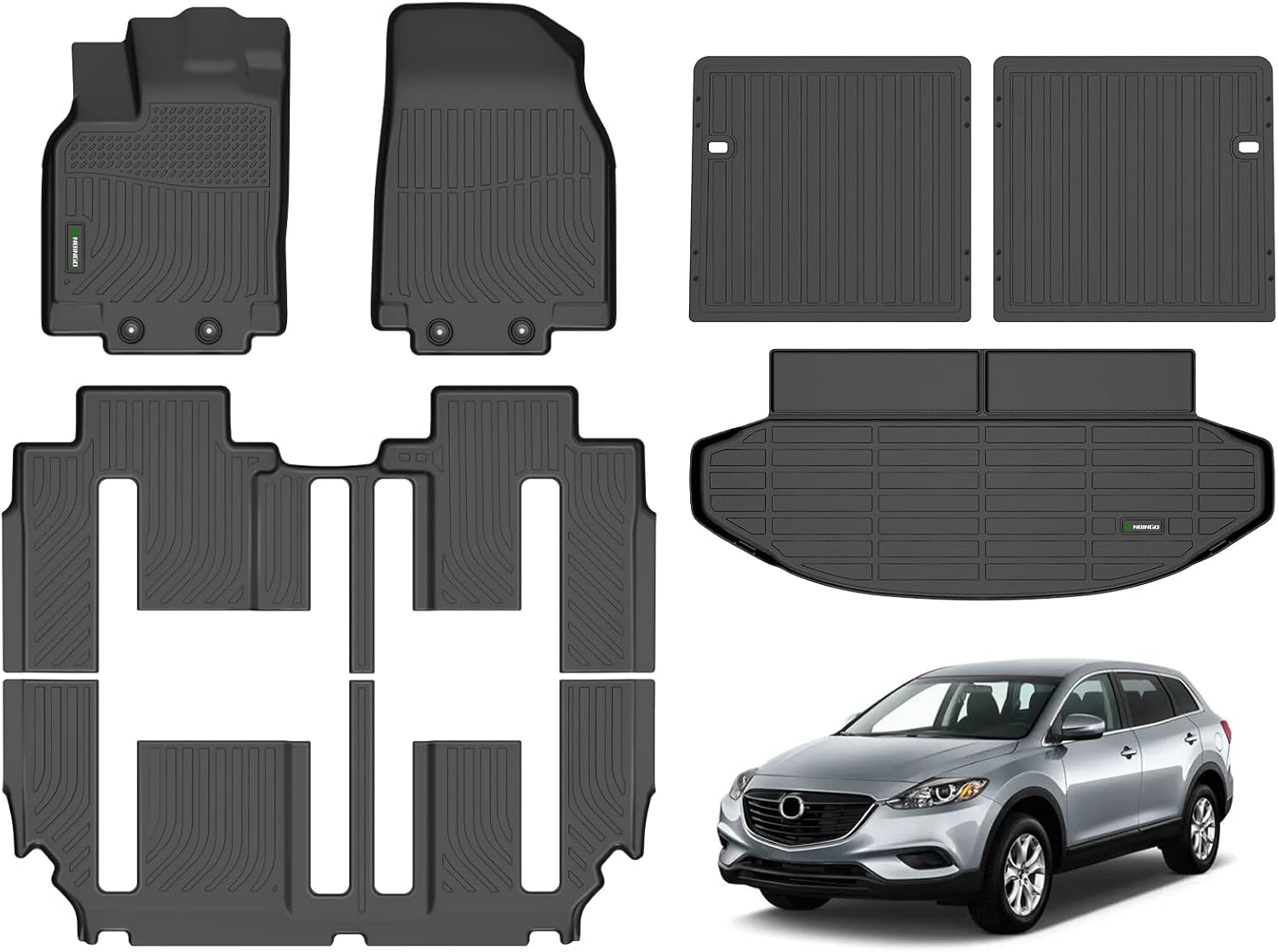 ANBINGO® Floor Mats & Seatback Cargo Liner for Mazda CX-9 2007-2015, All Weather Protection TPE Floor Liners Front & Rear & Third Row Full Set CX9 Accessories - Black