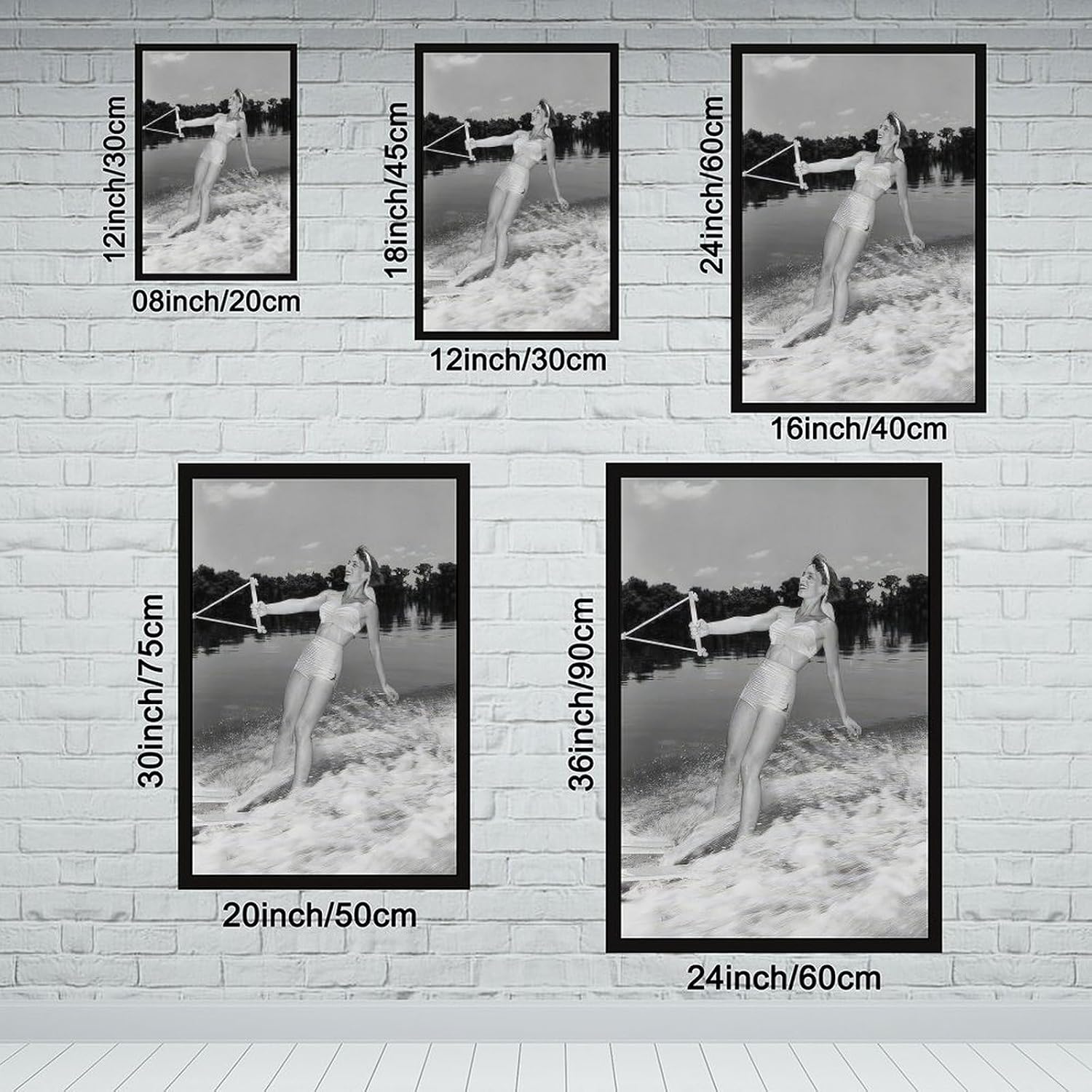 Woman Water Skiing on Lake, Vintage 1950s Photo, Funny, Black And White Poster Canvas Poster Wall Art Decor Print Picture Paintings for Living Room Bedroom Decoration Black Frame 24x36in(60x90cm)