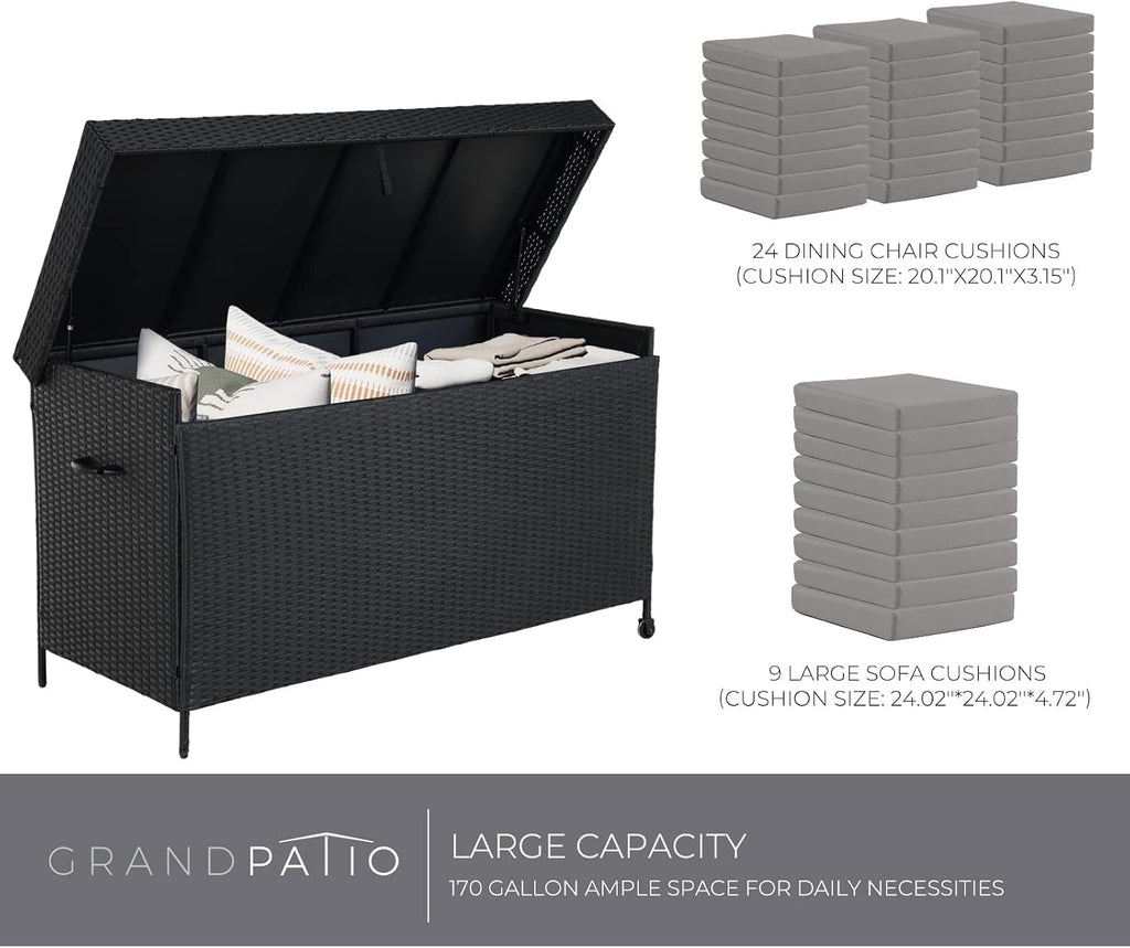 Grand 170 Gallon Deck Storage Bin - Outdoor/Indoor Wicker Storage for Patio Furniture Cushions, Garden Tools, Pool Accessories - Black