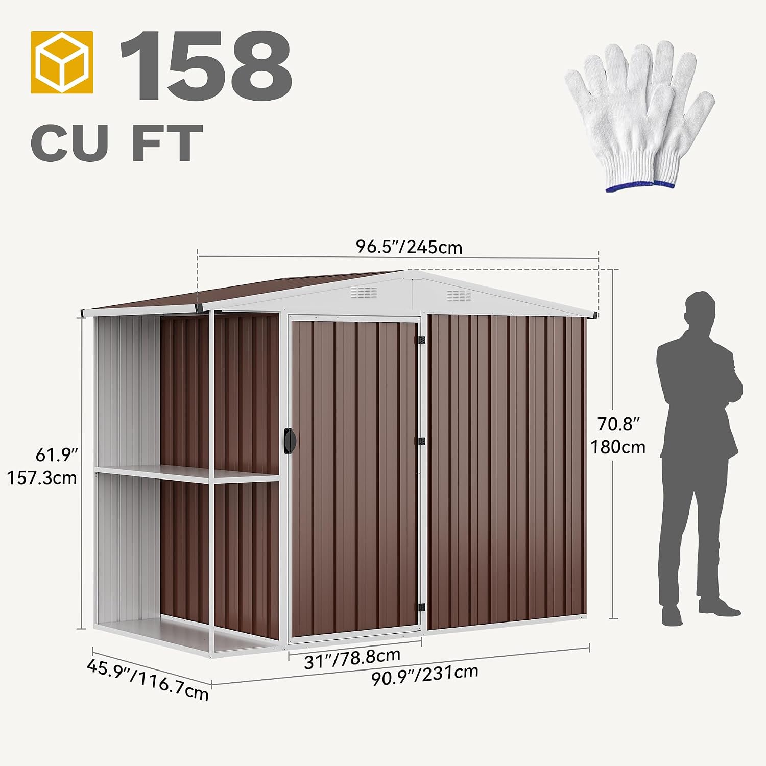 DWVO 8 x 4 ft Outdoor Storage Shed with 2-Tier Shelf, Metal Tool Shed & Garden Storage Cabinet for Backyard, Patio, Equipment & Bike, Brown