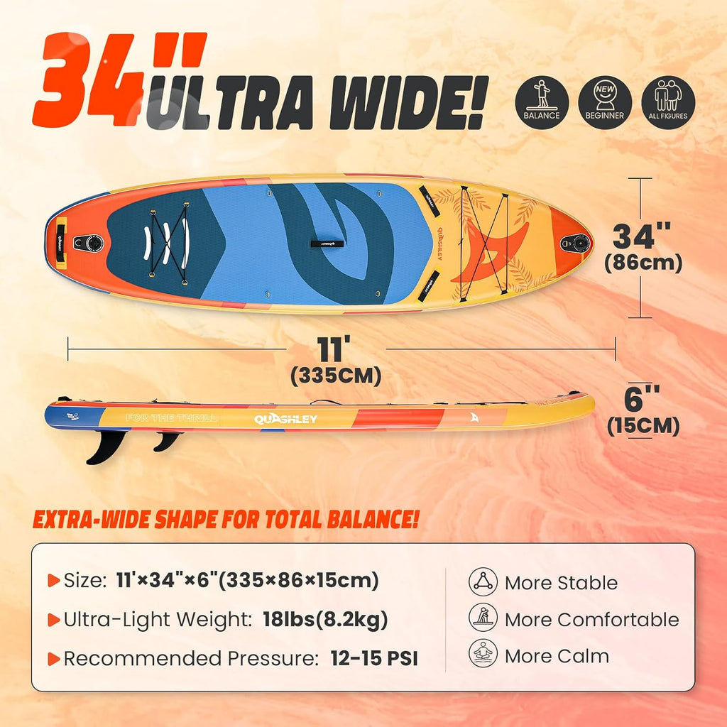 Quashley Inflatable Paddle Board Extra Wide Stand Up Paddleboards 11'×34' with All Premium Paddle Board Accessories,Inflatable SUP for Adults/Family,Beginner-Friendly,Removable Fin,Hand Pump