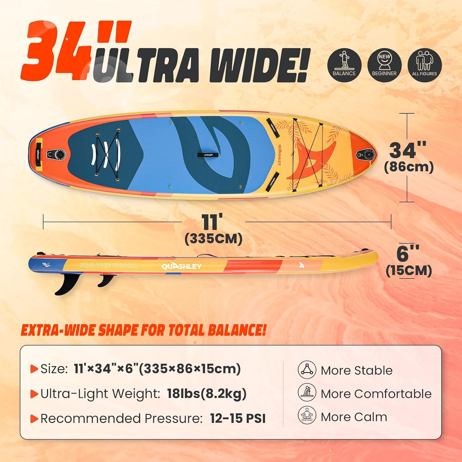 Quashley Inflatable Paddle Board Extra Wide Stand Up Paddleboards 11'×34' with All Premium Paddle Board Accessories,Inflatable SUP for Adults/Family,Beginner-Friendly,Removable Fin,Hand Pump