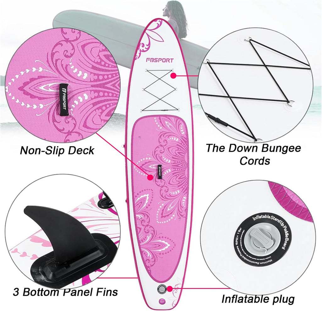 FBSPORT 11' Premium Stand Up Paddle Board, Yoga Board with SUP Accessories & Carry Bag | Wide Stance, Surf Control, Non-Slip Deck, Leash, Paddle and Pump for Youth & Adult
