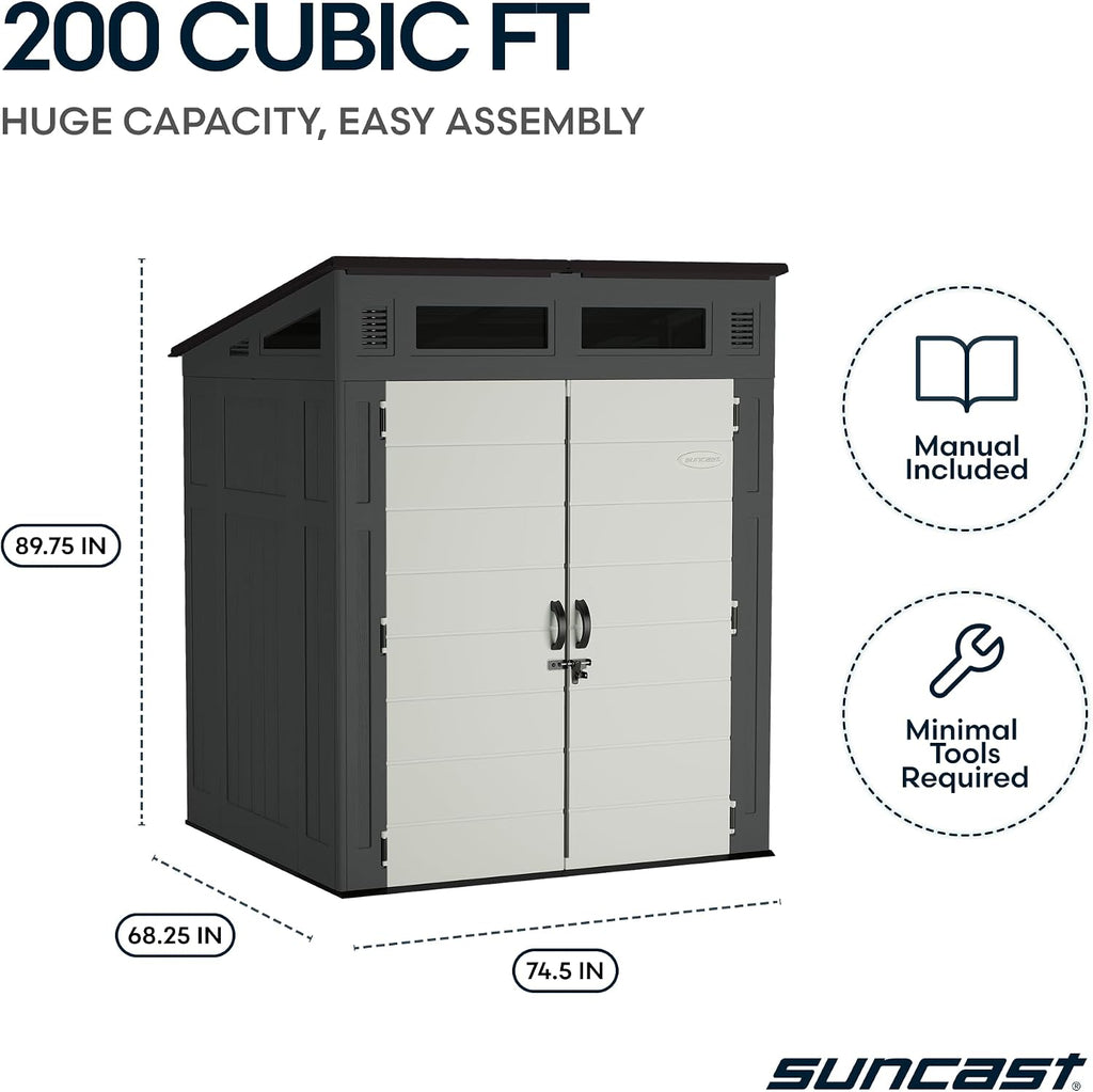 Suncast 6x5 Ft. Modernist Garden Shed, 200 Cu Ft Peppercorn Resin Shed with Floor, Lockable Doors, & Windows. Weatherproof Modern Resin Sheds & Outdoor Storage for Tools, Bikes, Lawn Mowers, & More