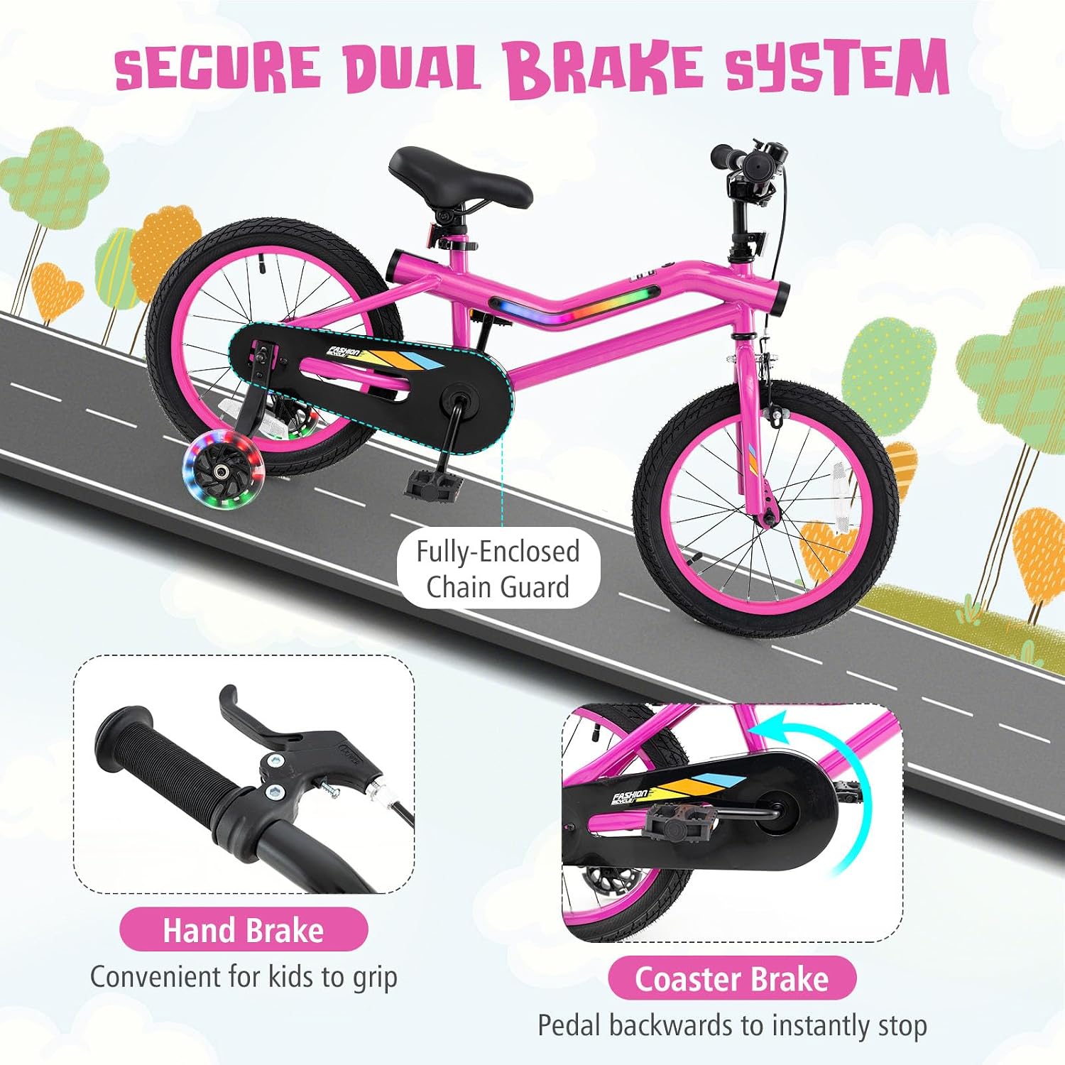 BABY JOY Lighted Kids Bike, 16 18 Inch Children Bicycle with 7-Mode LED Lighted Frame, Headlight, Flash Training Wheels, Dual-Brake, 95% Pre-Assembled, Girls Boys Bike for 4-8 Years