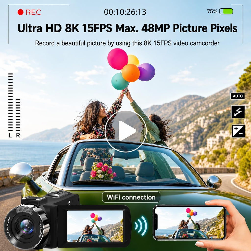 Video Camera, 8K Camcorder 48MP 15FPS UHD WiFi Vlogging Camera with IR Night Vision for YouTube, 3' Touch Screen 18X Digital Zoom, with Fill Light, Mic, Stabilizer, Lens Hood, Remote and 2 Batteries