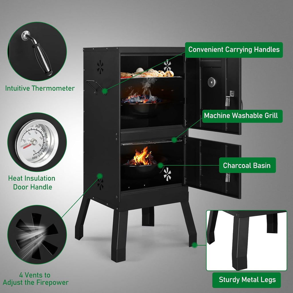 Vertical Charcoal Smoker with Double Doors & 2 Detachable Grill Racks – Outdoor BBQ Smoker Oven with Adjustable Air Vents, Thermometer & Water Pan – Heavy-Duty Camping/Backyard Grill (40.5x39x