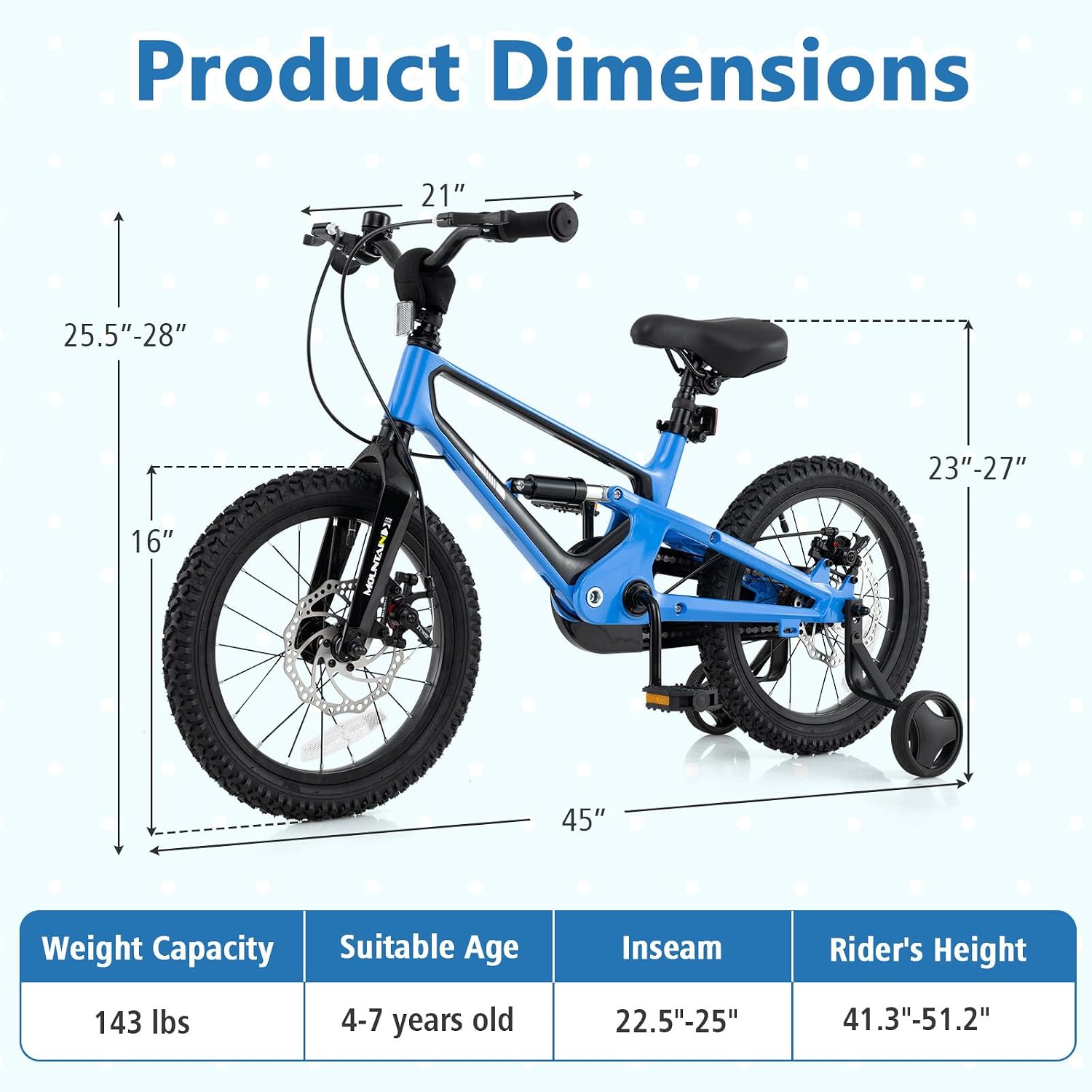BABY JOY Kids Bike, 16' Magnesium Sporty Bicycle with Dual Disc Brakes, Removable Training Wheels, Body Suspension, Adjustable Handlebar & Saddle, Girls Boys Bike