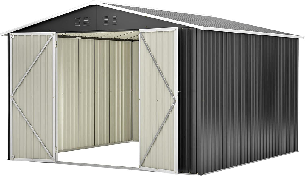 YOPTO 10x10 FT Outdoor Storage Shed,Large Metal Tool Sheds with Updated Frame Structure and Lockable Doors, Garden Shed for Backyard Patio Lawn, Black