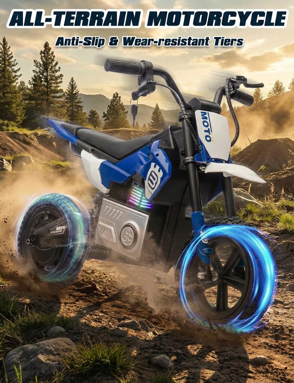 Electric Dirt Bike for Kids Ages 5-10, 24V 200W Higher Speed Electric Motorcycle, Kids Ride On Motorcycle with Rear Wheel Shock Absorber, LED Breathing Light, Bluetooth, Music, Horn, Blue