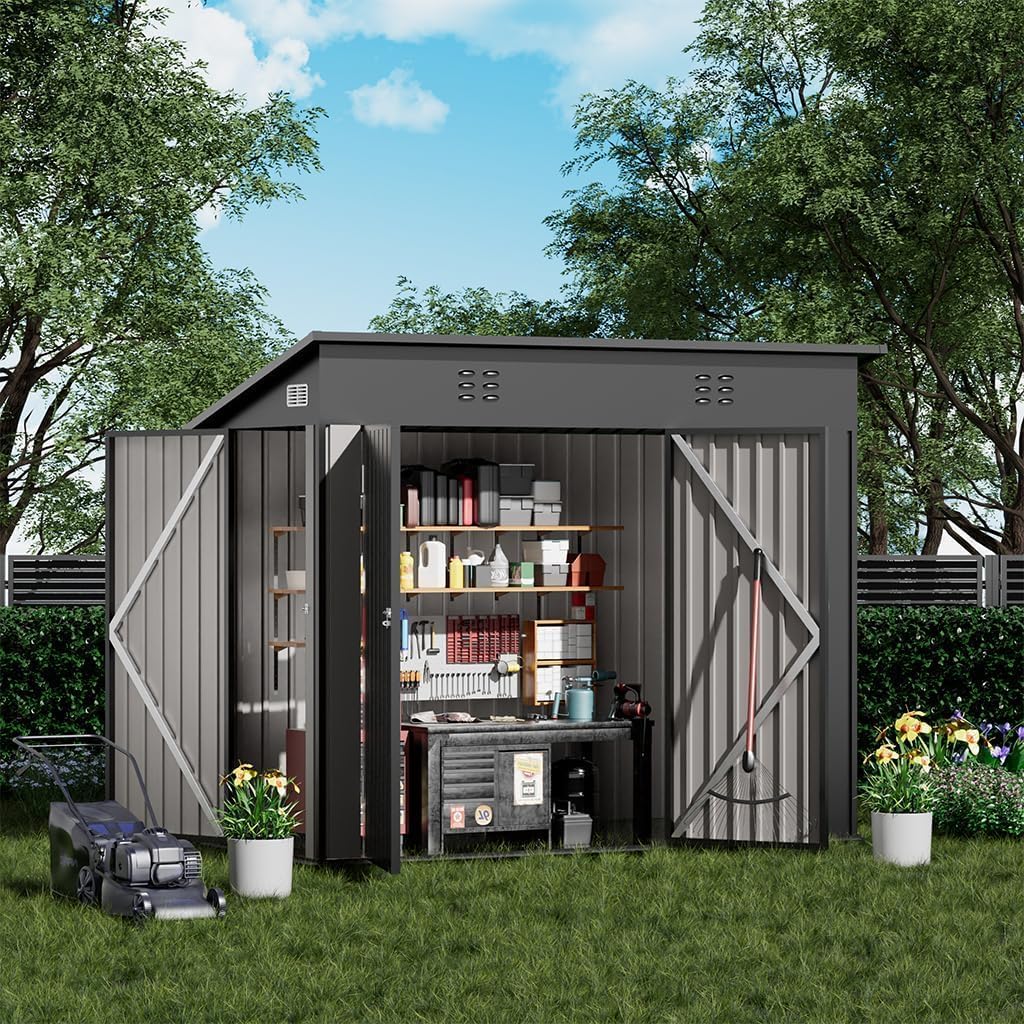 COMHOMA Shed Outdoor Storage Shed Metal,Lockable Doors Tool Sheds with Sloping Roof,Steel Garden Shed with Air Vent for Backyard,Patio,Lawn,Poolside(Grey,8'*4')