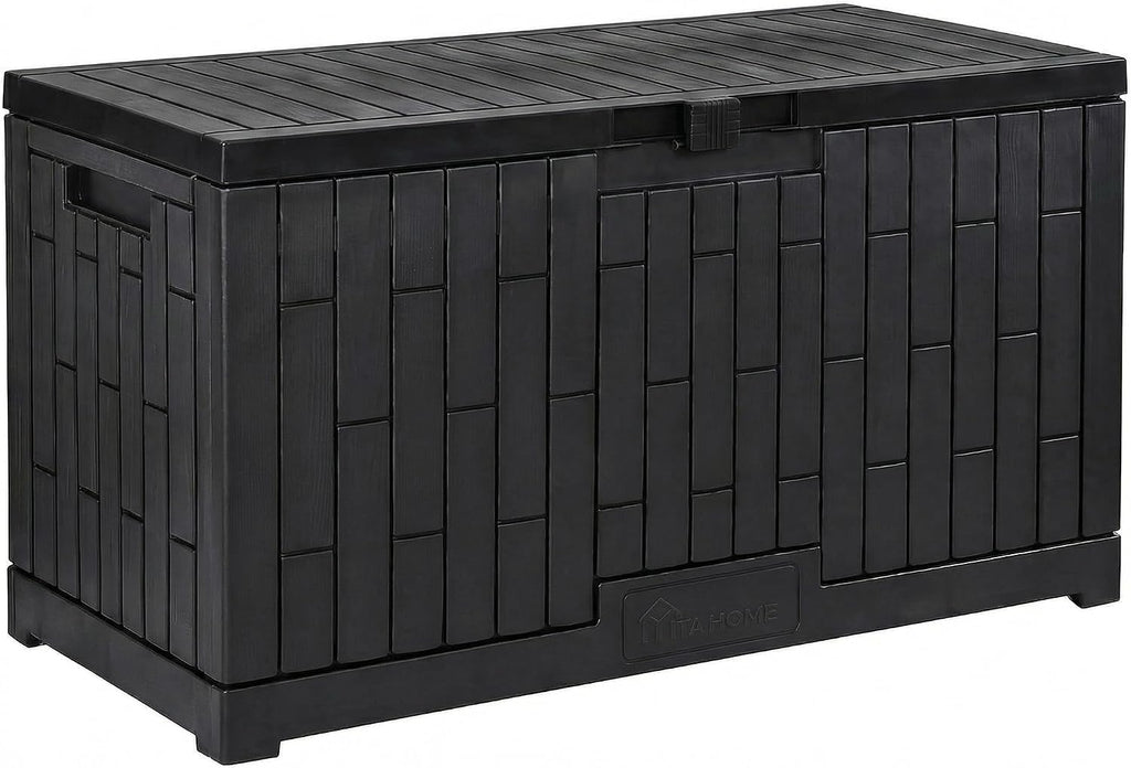 YITAHOME 120 Gallon Large Deck Box, 53'L x 22.7'W x 25.5'H Resin Outdoor Storage Box with Slide-Locking Lid for Patio Cushions, Garden Tools, Pool Supplies, Easy Assembly, Waterproof Lockable, Black